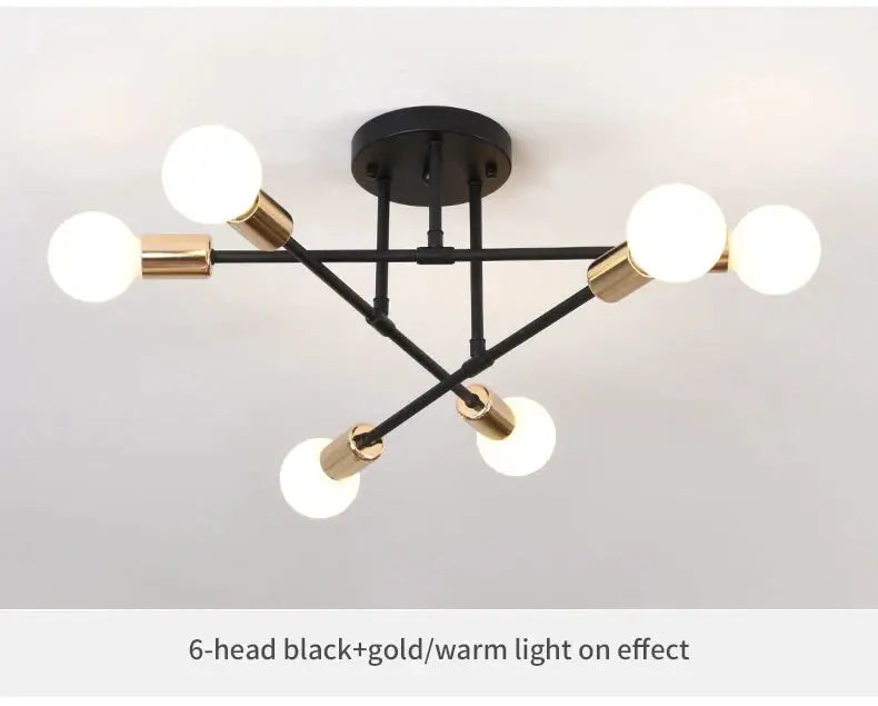 Simples Market 6-head black wrought-iron LED ceiling lamp with warm light and gold-tone sockets for modern living room