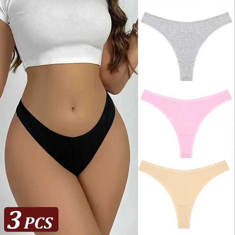 3Pcs seamless cotton thong underwear set by Simples Market in gray, pink and beige; low-rise T-back