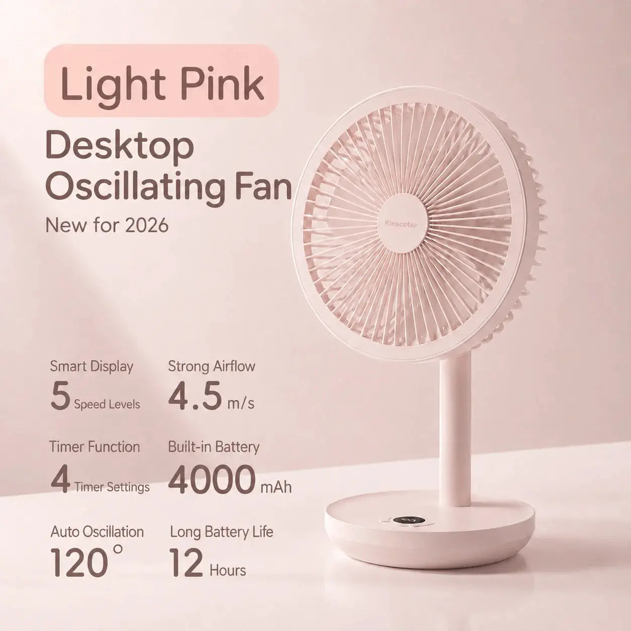 Light pink KINSCOTER desktop oscillating fan with built-in 4000mAh battery and 5 speeds