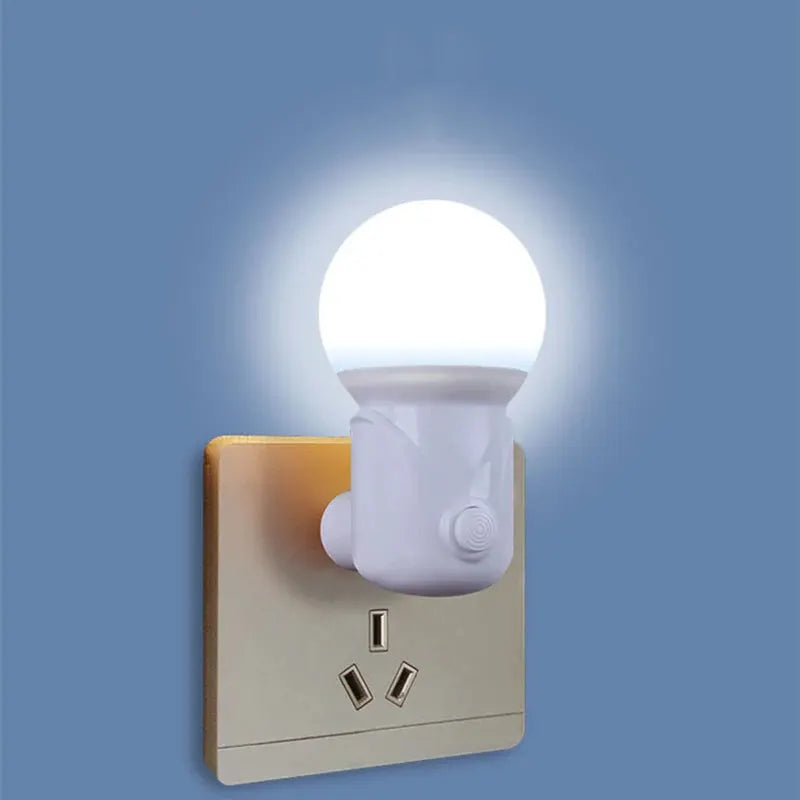 LED night light with EU/US plug, 2-color dimmer, white lamp mounted on beige wall outlet with USB ports