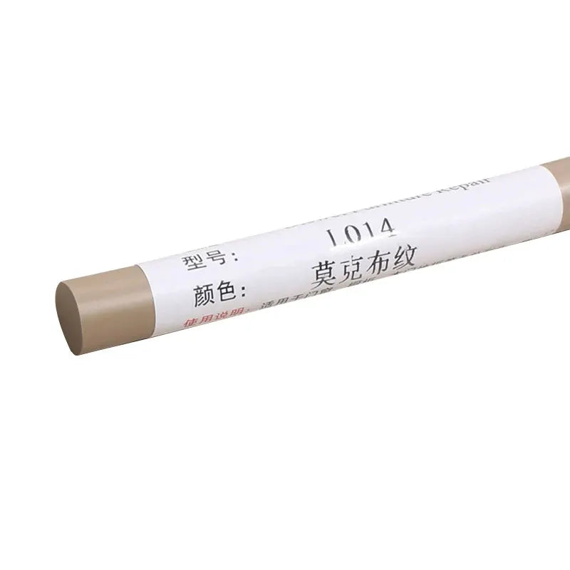 Wood scratch repair pen for furniture; waterproof with beige cap and white label.