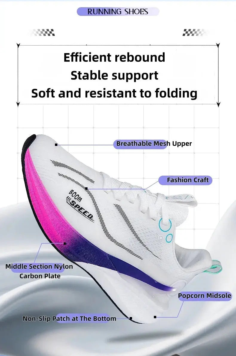 Simples Market 2025 carbon board marathon running shoes with breathable mesh upper and white/pink–purple gradient sole.