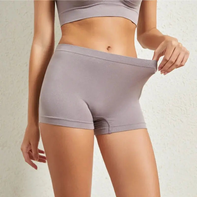 Women's seamless boyshort underwear in gray, stretchy soft fabric.