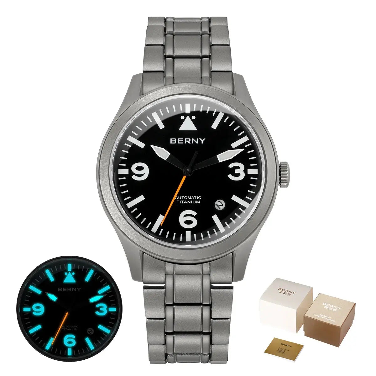 BERNY aviation titanium mechanical men's watch with black dial, luminous hands, titanium bracelet
