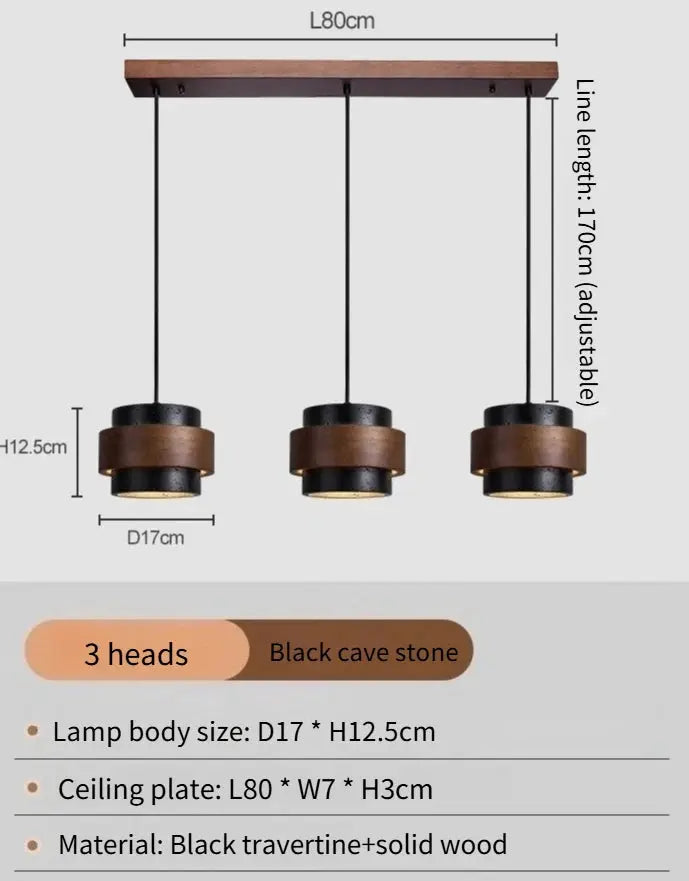 Three-head Japanese Wabi Sabi bar pendant lamp in black travertine and solid wood by Simples Market