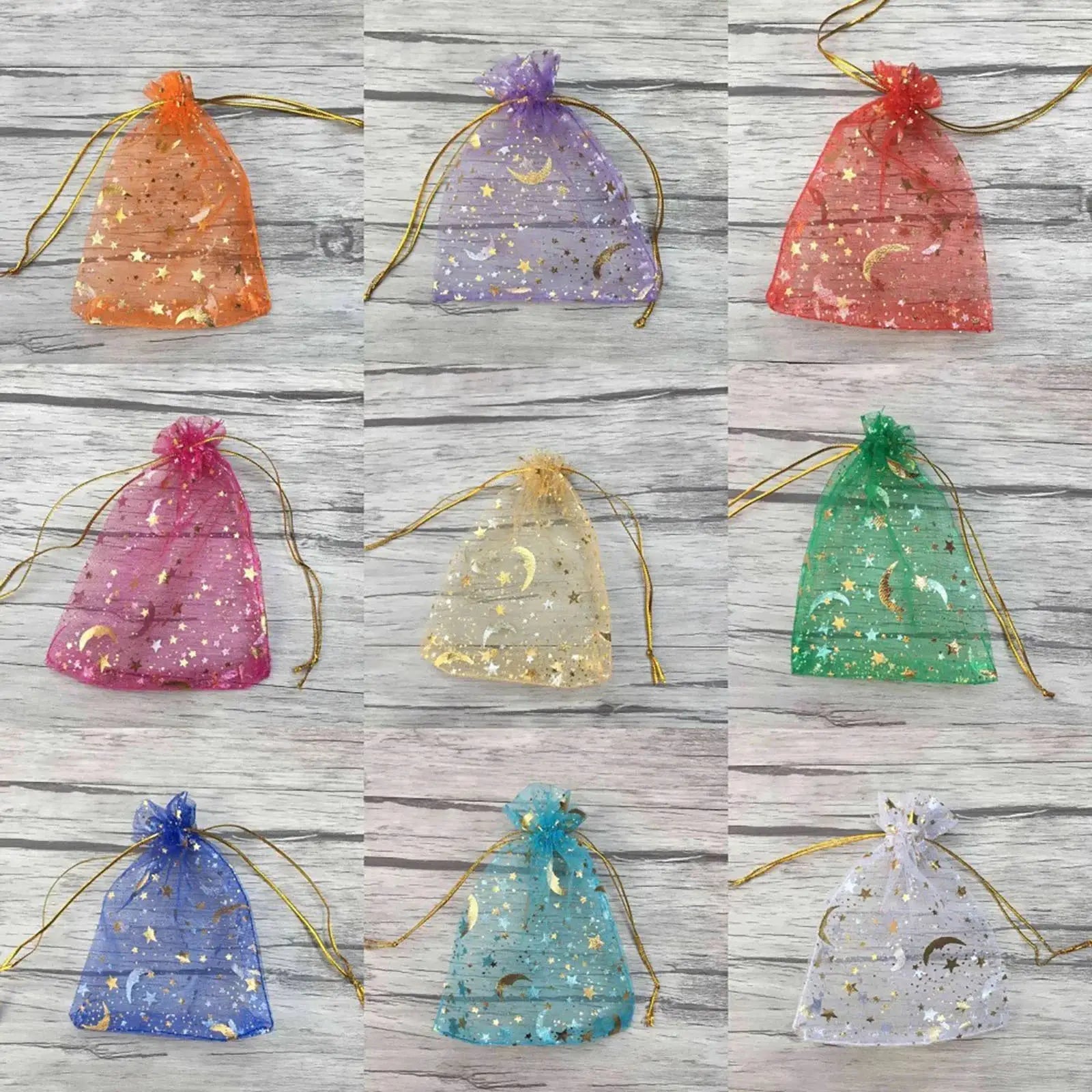 50Pcs Moon Stars Drawstring Organza Bags Jewelry Gift Pouches Gold Star Moon Pattern For Christmas Wedding Favors