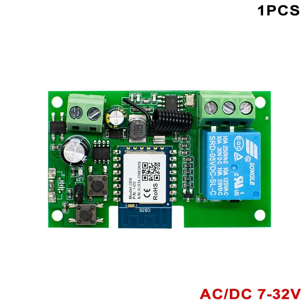 Simples Market WiFi smart garage gate relay module on green PCB with blue Songle relay and terminal blocks