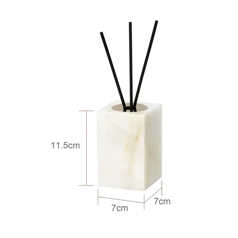 White onyx marble bathroom diffuser in a square 7×7 cm base, 11.5 cm tall with black reeds