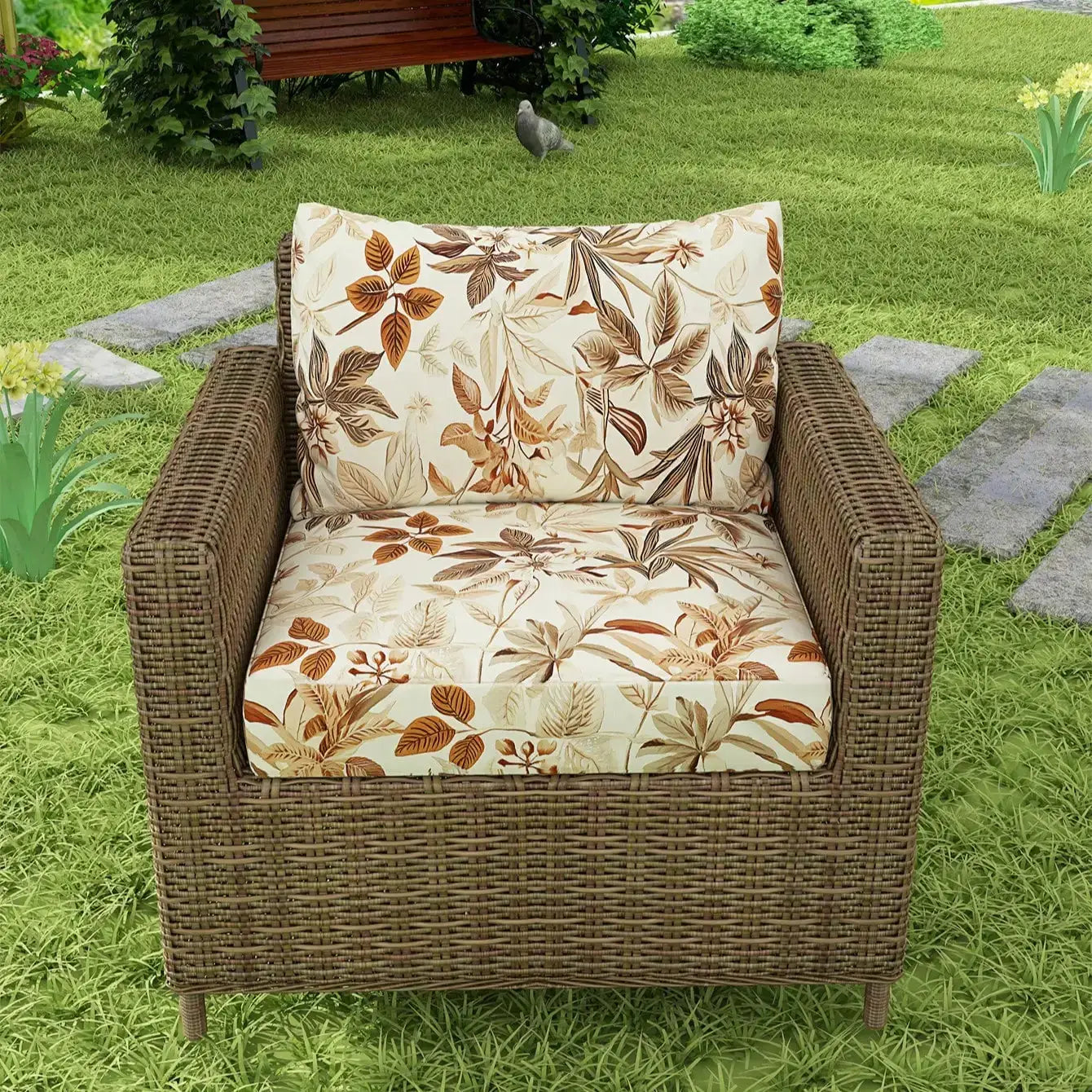 Outdoor tropical print sofa cushion covers; beige-brown foliage on a wicker chair, 2 cushions