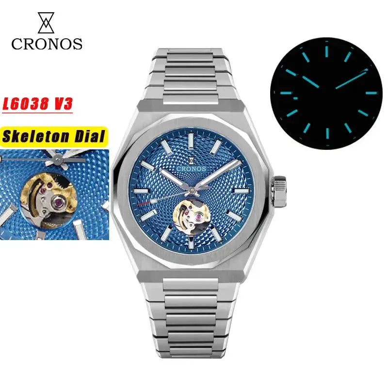 Cronos blue skeleton dial watch, see-through caseback, 39mm, automatic Miyota 90S5, luminous markers