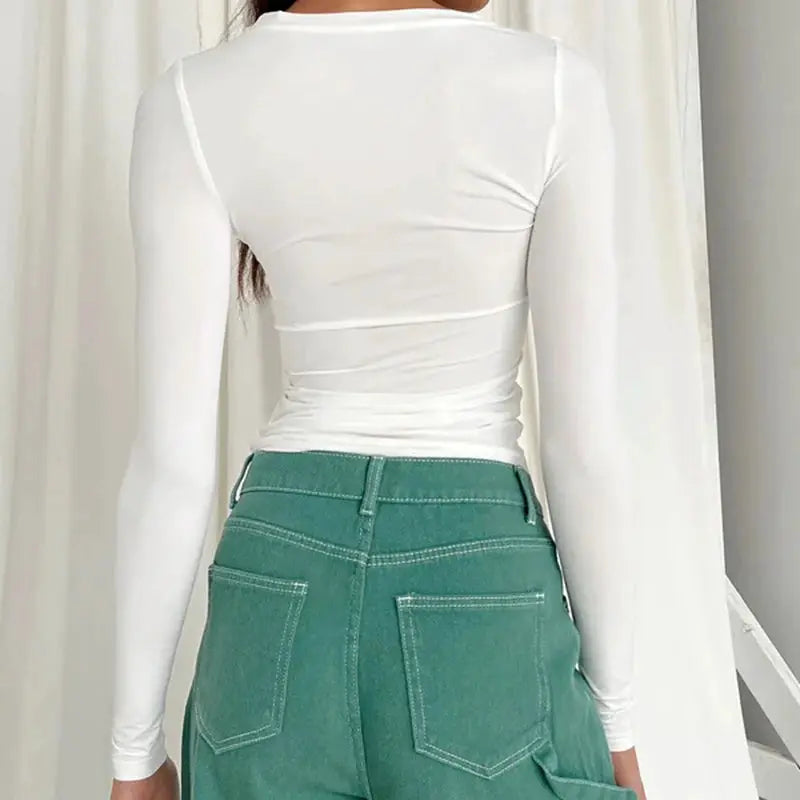 NovaWear Women Long Sleeve Slim Fit Knit Tee O Neck Close Fitting Streetwear Top for Spring and Summer 2024