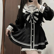 Japanese Style Gothic Y2K Lolita Bow Dress Set Women Long Sleeve
