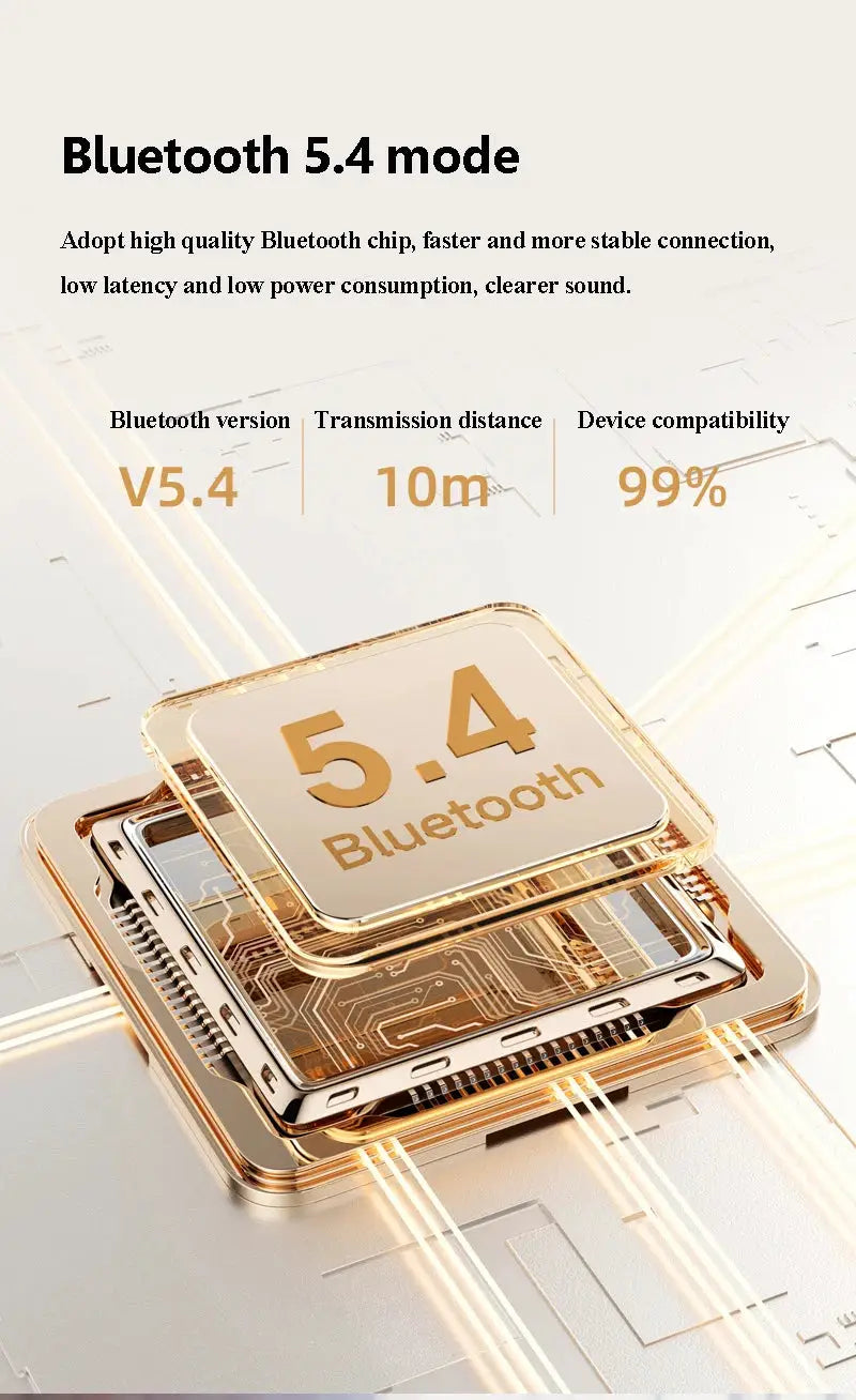 Under Pillow Bone Conduction Bluetooth Speaker graphic with gold-tone stacked components and Bluetooth 5.4 label