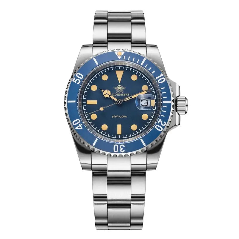 ADDIESDIVE 41mm men's quartz watch with blue dial and bezel, stainless steel bracelet, luminous hands, date window