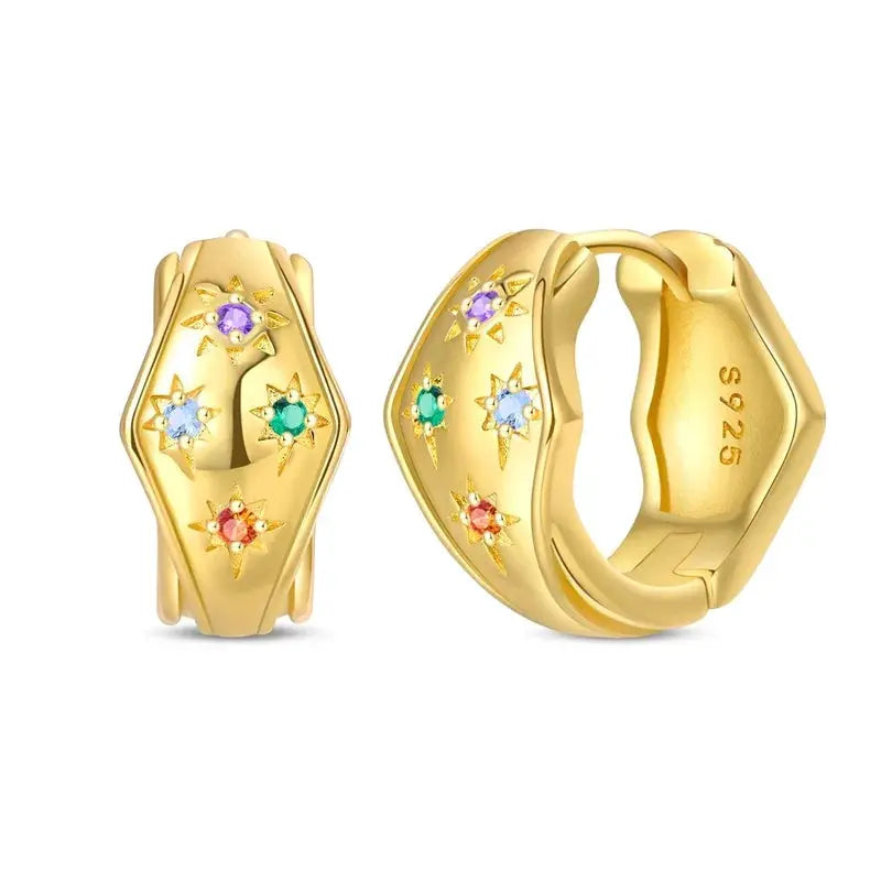 Gold-tone 925 sterling silver hoop earrings with multicolor starburst gemstone embellishments, pair.