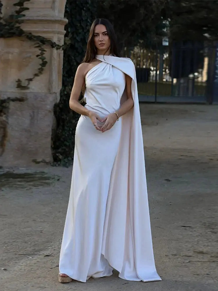 Glamouria Satin Ribbon Party Dress Halter Backless Off Shoulder Sleeveless Gown For Summer Events