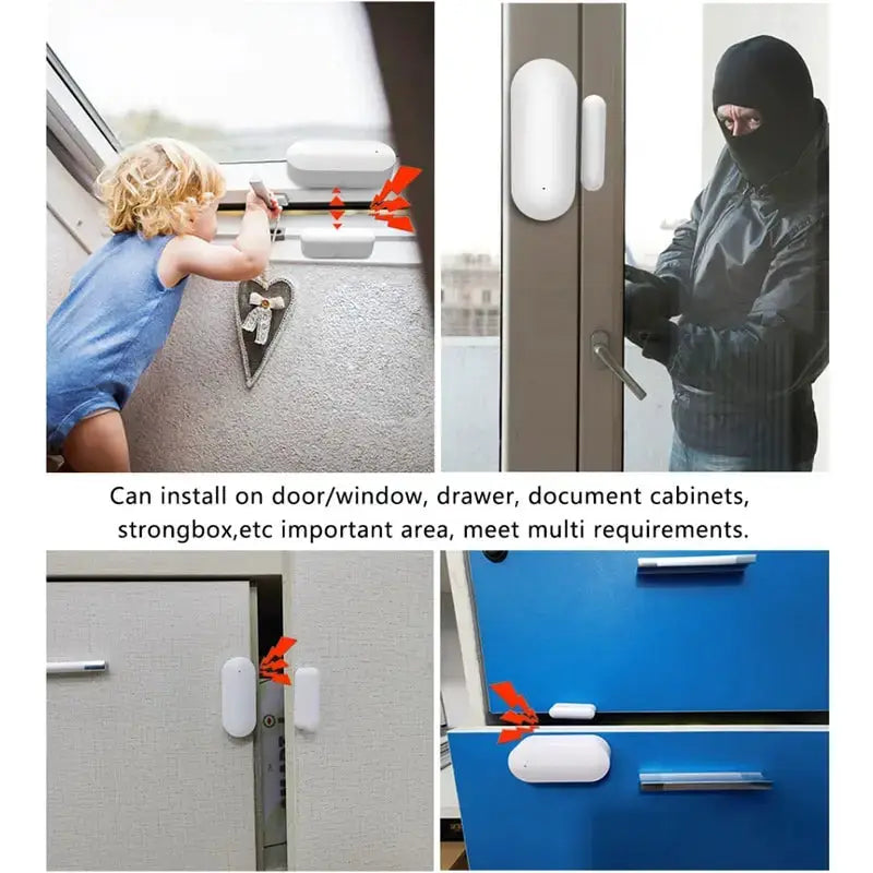 Tuya Smart WiFi door sensor by Simples Market; white open/close detector for doors and drawers, image collage.