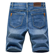 Men's blue denim shorts with back pockets, slim-fit stretch jeans by Wthnlee