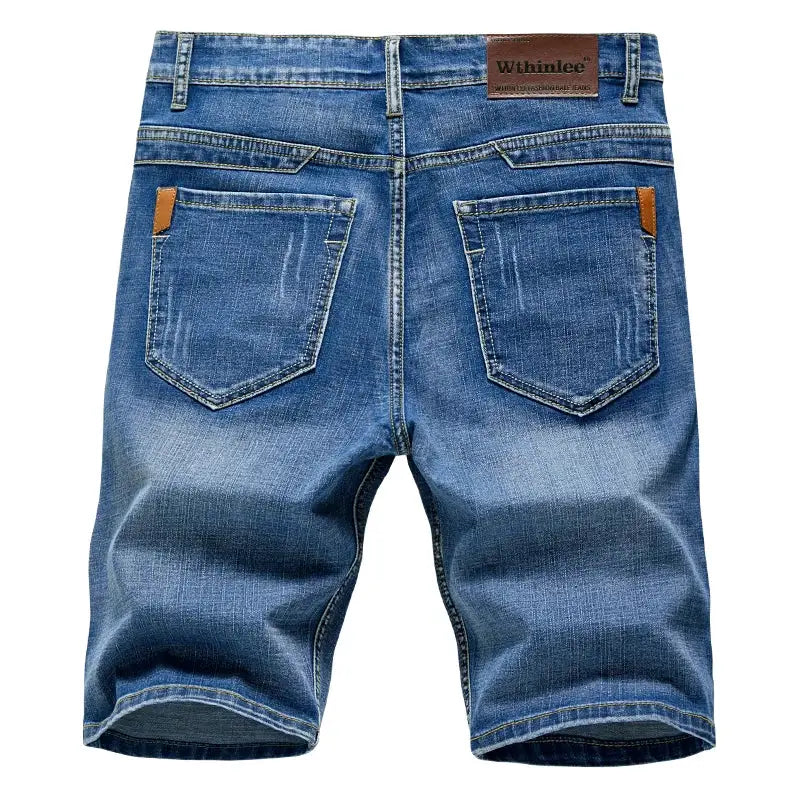 Men's blue denim shorts with back pockets, slim-fit stretch jeans by Wthnlee