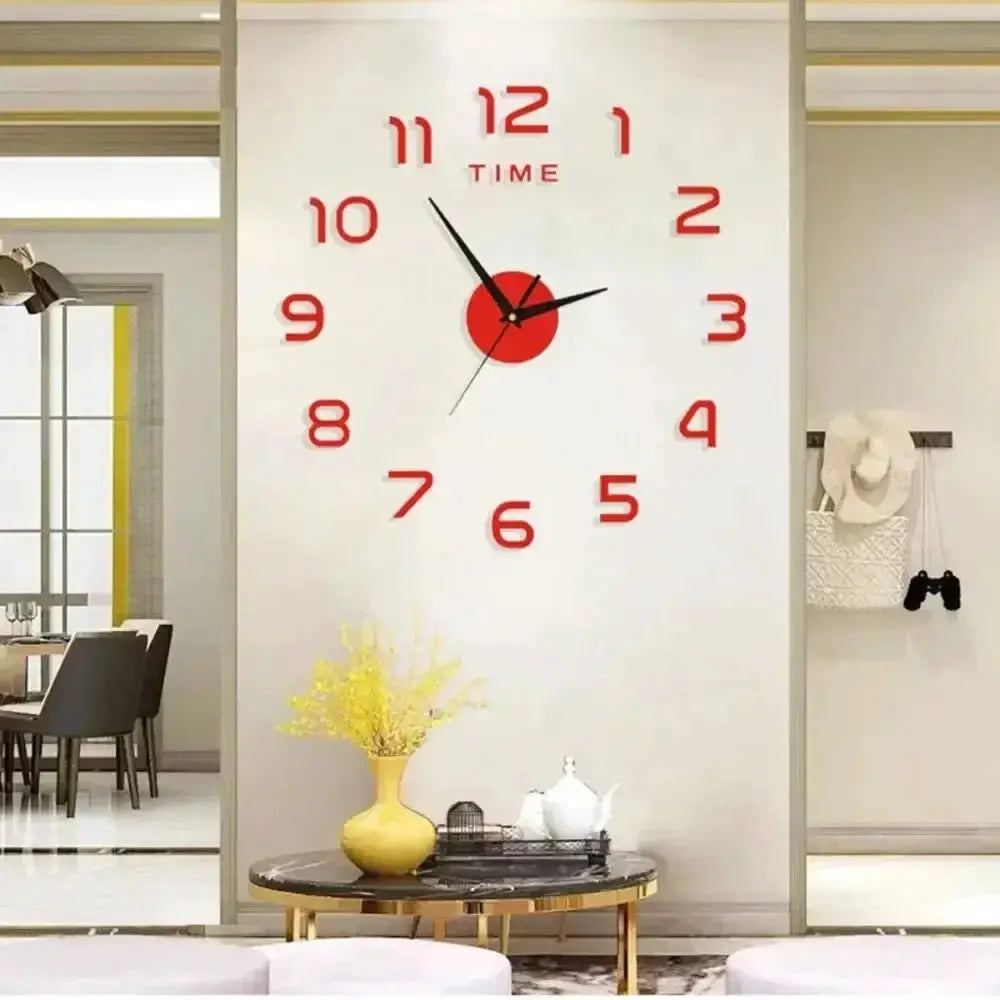 Digital wall clock sticker by Simples Market; red numerals, black hands on white wall, removable DIY decor