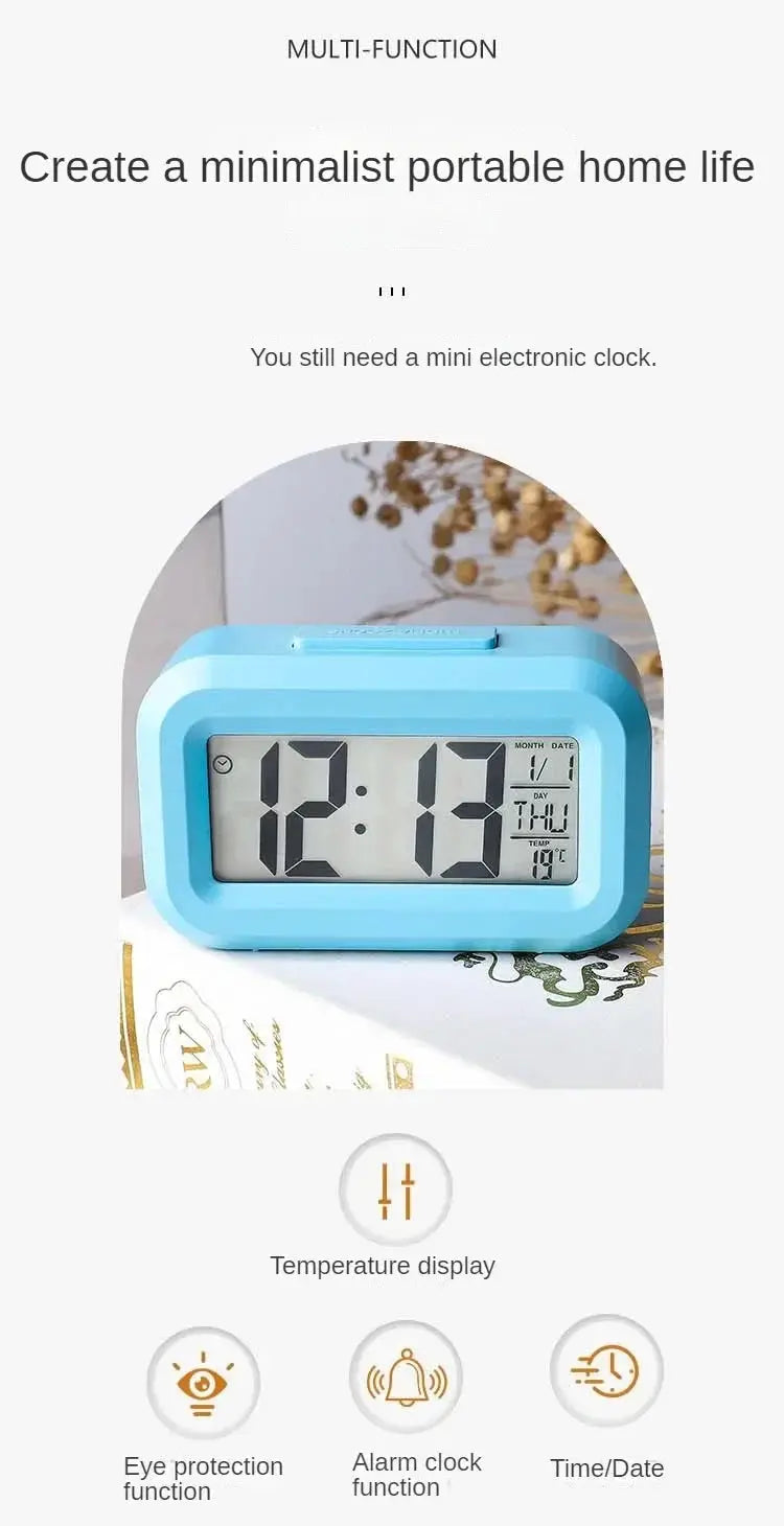 Simples Market blue LED digital alarm clock with calendar and temperature display for desktop decor