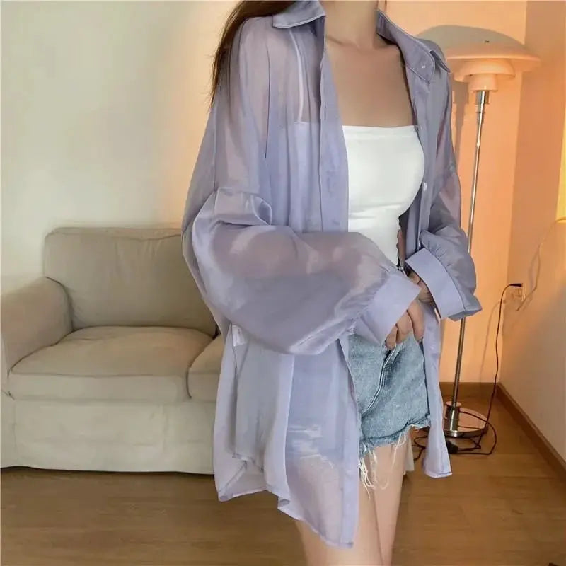 Xpqbb women's lavender chiffon blouse, sheer long sleeves, loose single-breasted sun-protection top