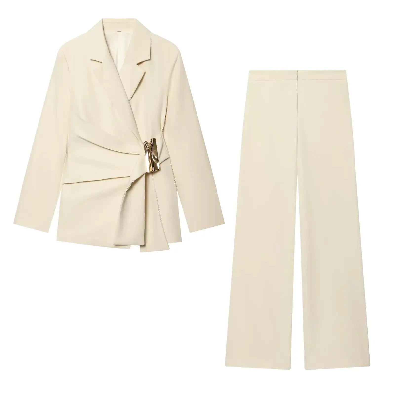 KONDALA cream blazer suit with long sleeves, matching wide-leg pants and gold buckle.