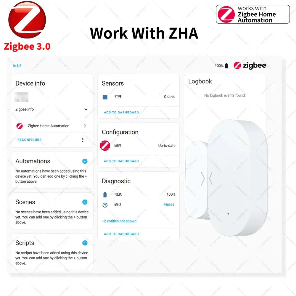 Door/window contact sensor, white Zigbee 3.0 by Simples Market, shown with ZHA dashboard