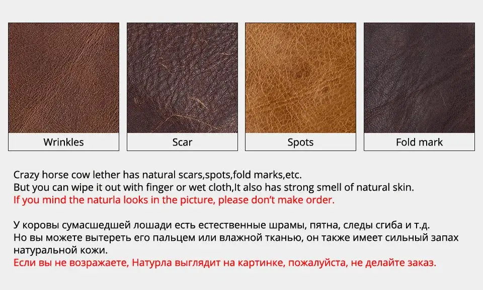 Real leather men's wallet by Simples Market; four natural texture swatches with wrinkles, scar, spots, fold marks