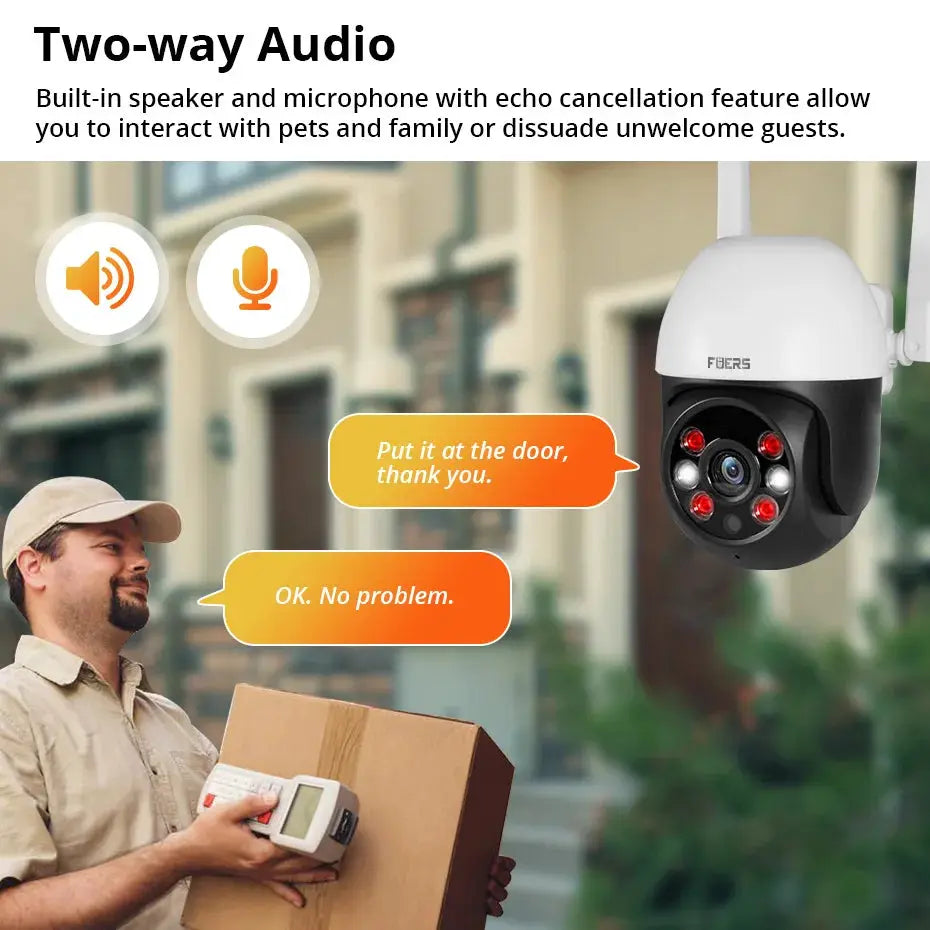 Fuers outdoor 8MP 4K IP security camera with AI human detection and auto-tracking; WiFi Tuya Smart compatible.