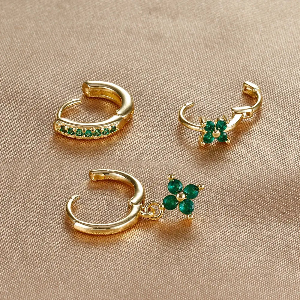 3Pcs Trendy Stainless Steel Flower Drop Earrings Set For Women Crystal Zirconia Dangle Hypoallergenic Piercing Jewelry