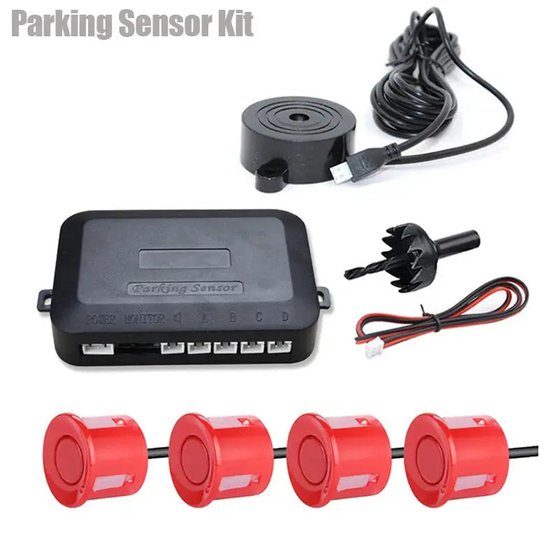Parking sensor kit by Simples Market with 4 red sensors and a control unit for 12V cars