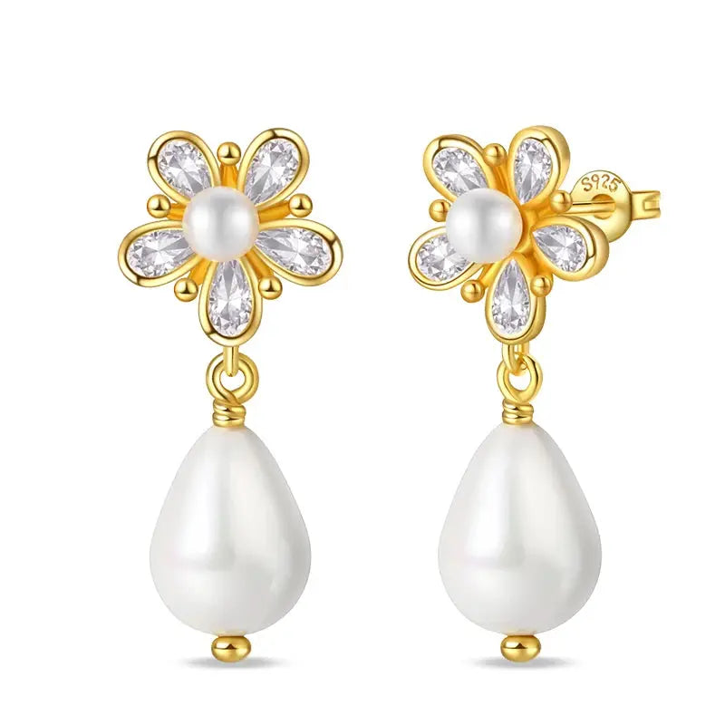 Pearl-centered flower drop earrings with gold-tone petals and crystal accents, Simples Market pair