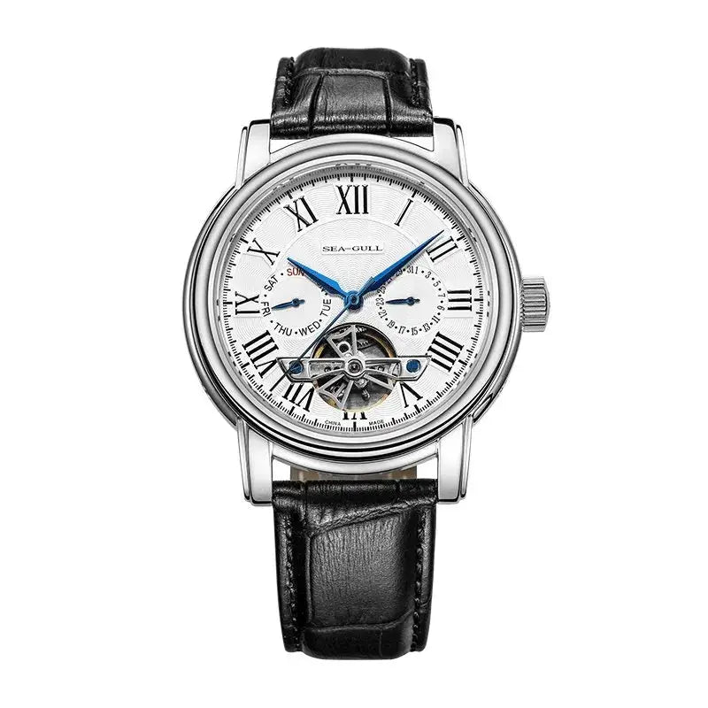 Men's automatic mechanical wristwatch with Seagull ST25 movement and black leather strap