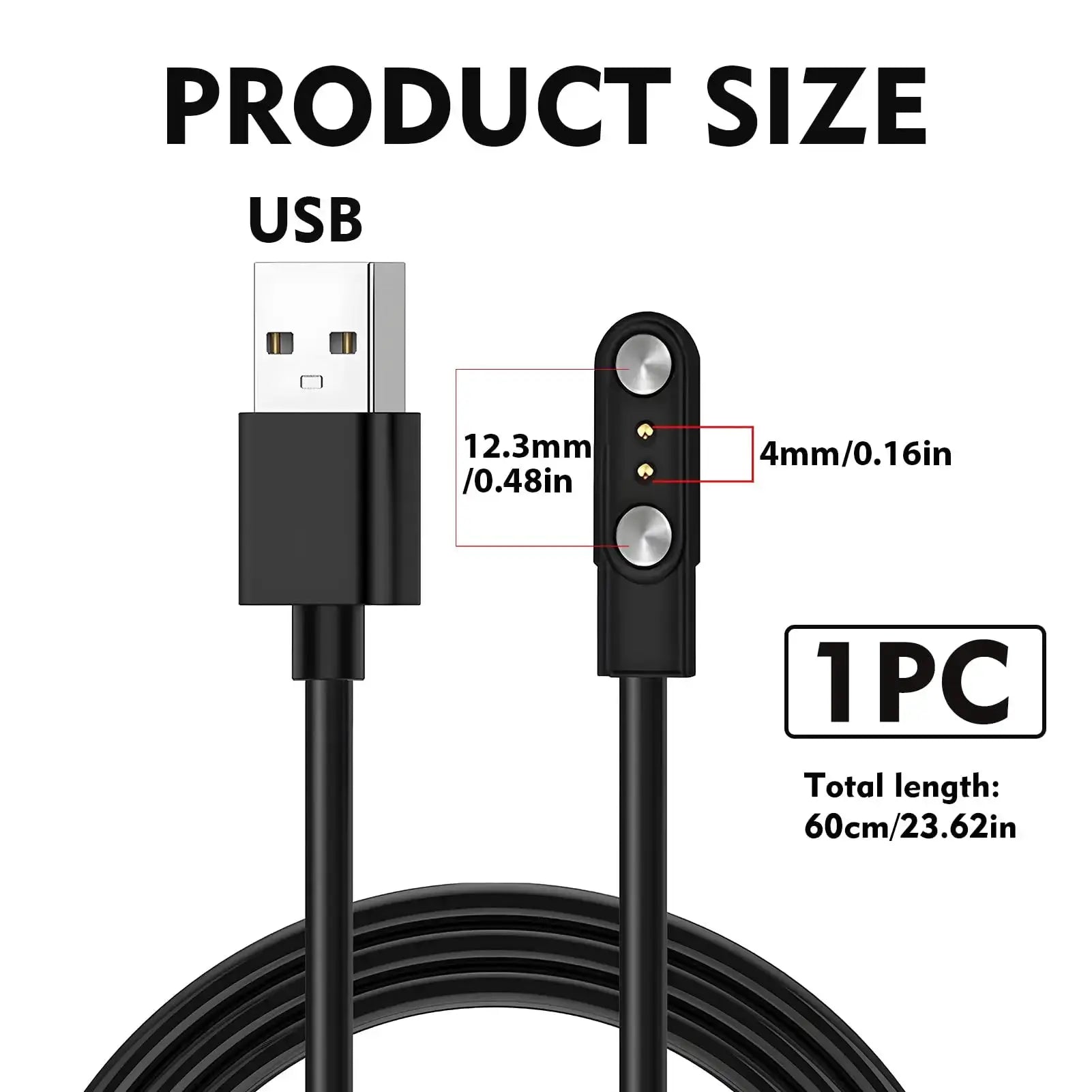 Magnetic USB smartwatch charger by Simples Market with 2/4-pin magnetic head and 2.84–7.62 mm spacing, black cable.