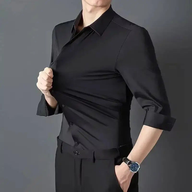 Premium men's ultra-stretch shirt, black silky fabric