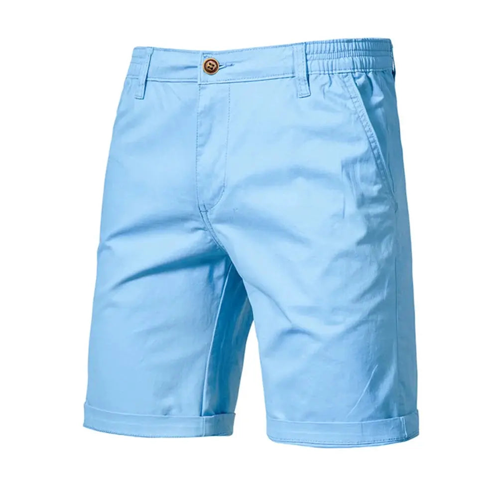 AIOPESON men's 100% cotton solid shorts, light blue with elastic waist and cuffed hems
