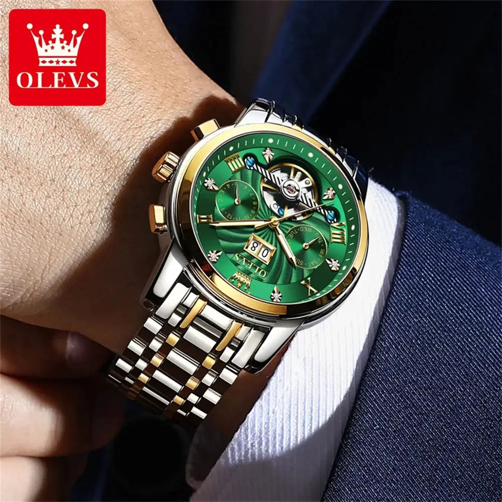 OLEVS 9910 Mens Watch Waterproof Luminous Automatic Mechanical Dual Calendar Date Stainless Steel Band