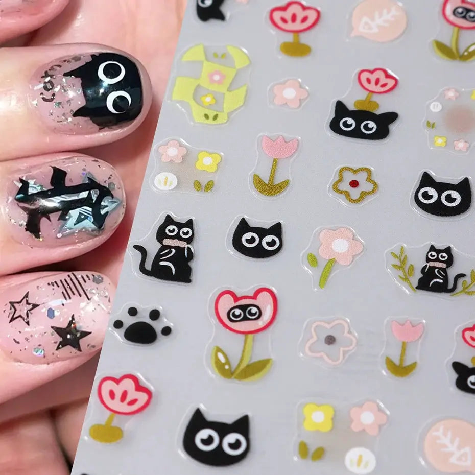 2pcs black cat nail stickers; 3D cute cartoon decals for manicure and nail art