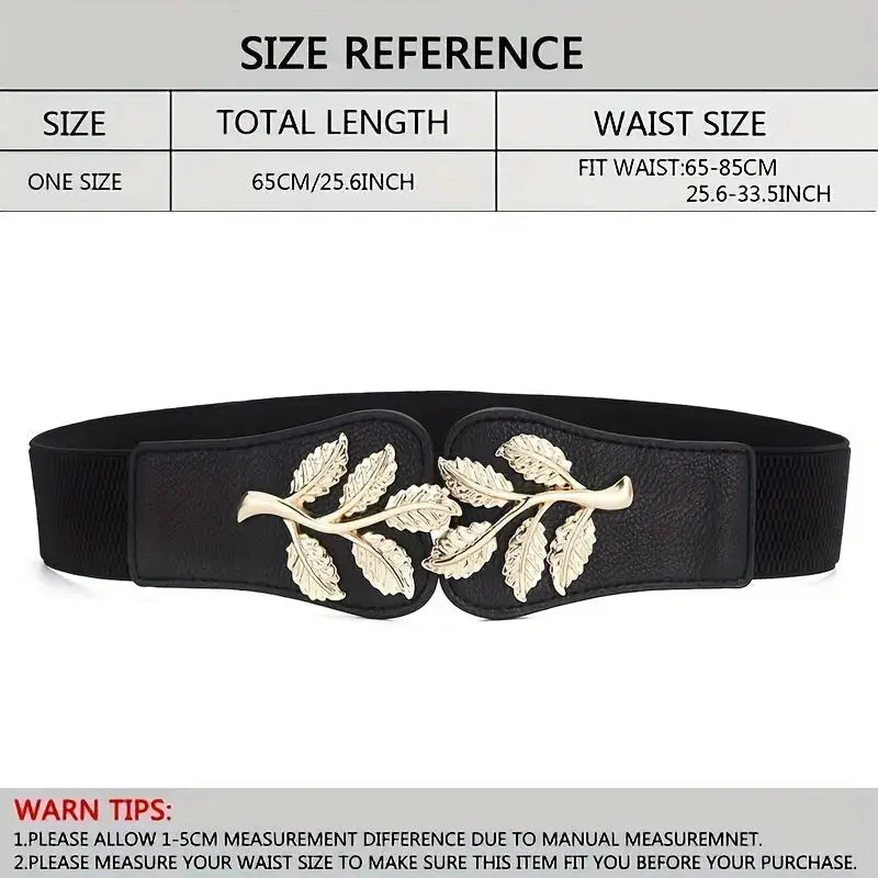 Aurora Women's Elastic Waist Belt With Gold Leaf Closure And Double Hook Buckle With Elegant Secure Fit