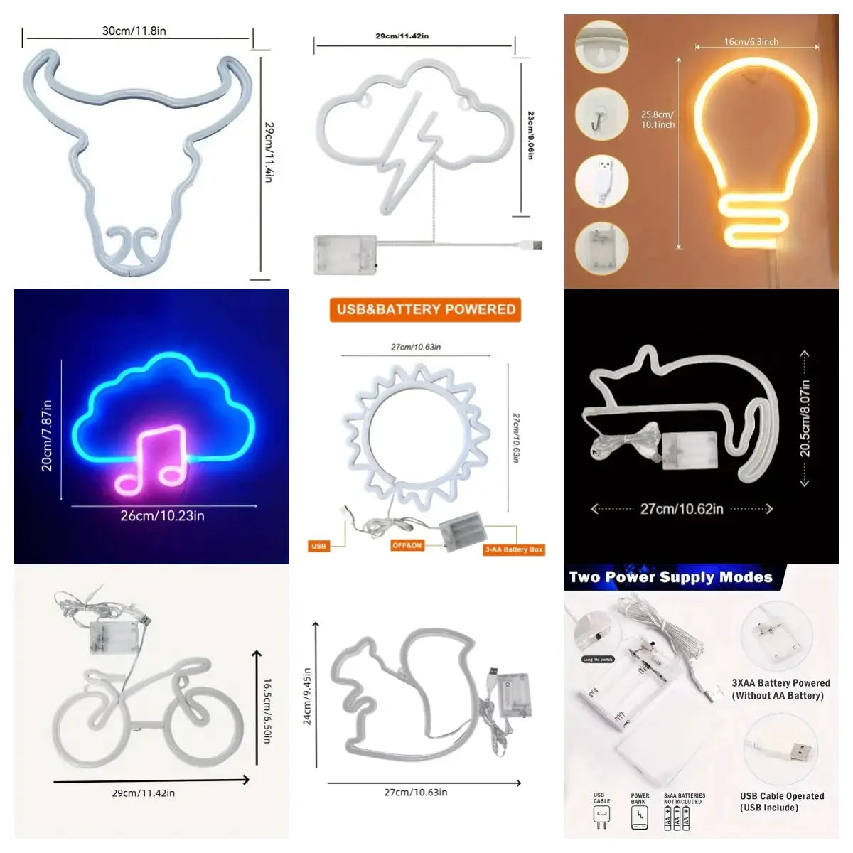 Decorative neon light collage with 9 shapes; Simples Market USB or battery powered (battery not included) for modern art ambiance
