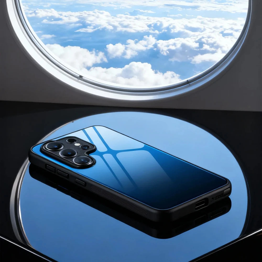 Gradient tempered glass case for Samsung Galaxy S26 Ultra Simples Market blue-gradient back with black shockproof bumper