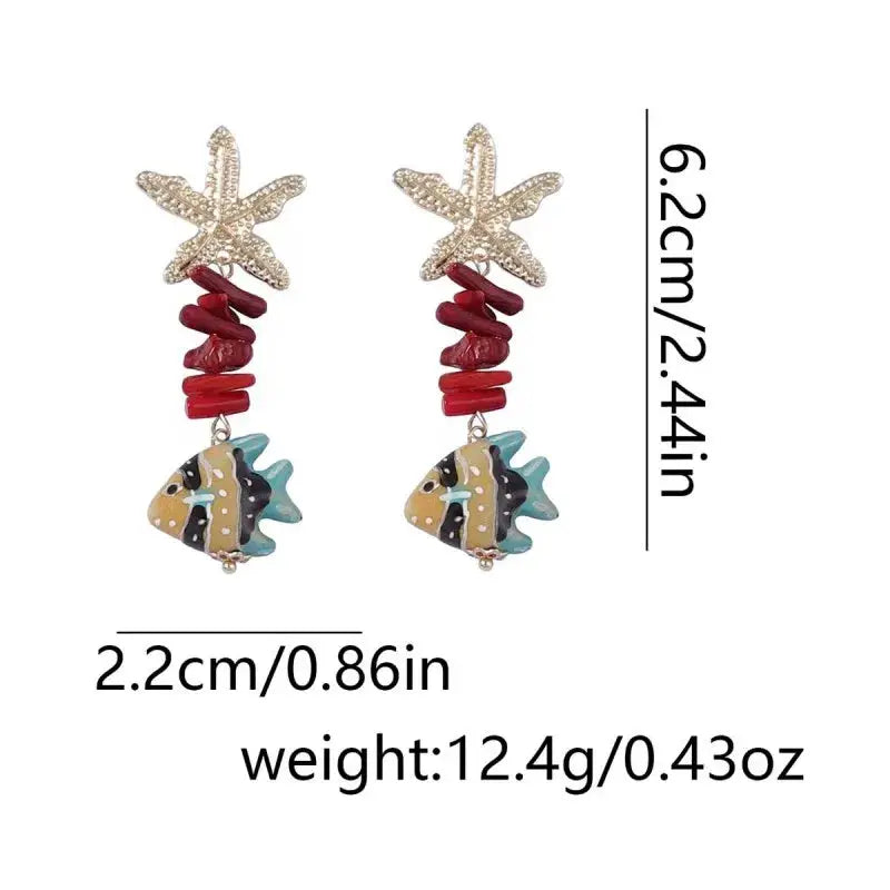 Pair of cute octopus earrings with starfish top, red bead stack, and turquoise fish pendant