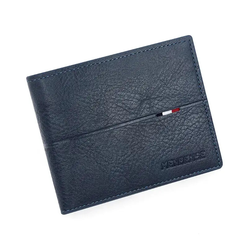 Men's blue PU leather short bifold wallet by Simples Market with front card slot and zip coin pocket
