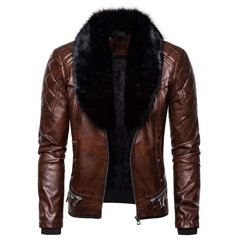 Brown PU leather motorcycle bomber jacket for men with black fur collar by Simples Market