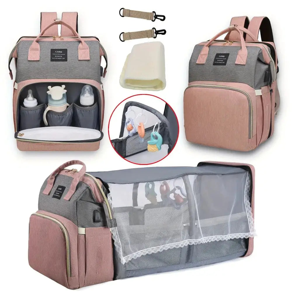 Mommy Bag Backpack With Portable Folding Crib And Large Capacity Diaper Bag For Travel And Outings