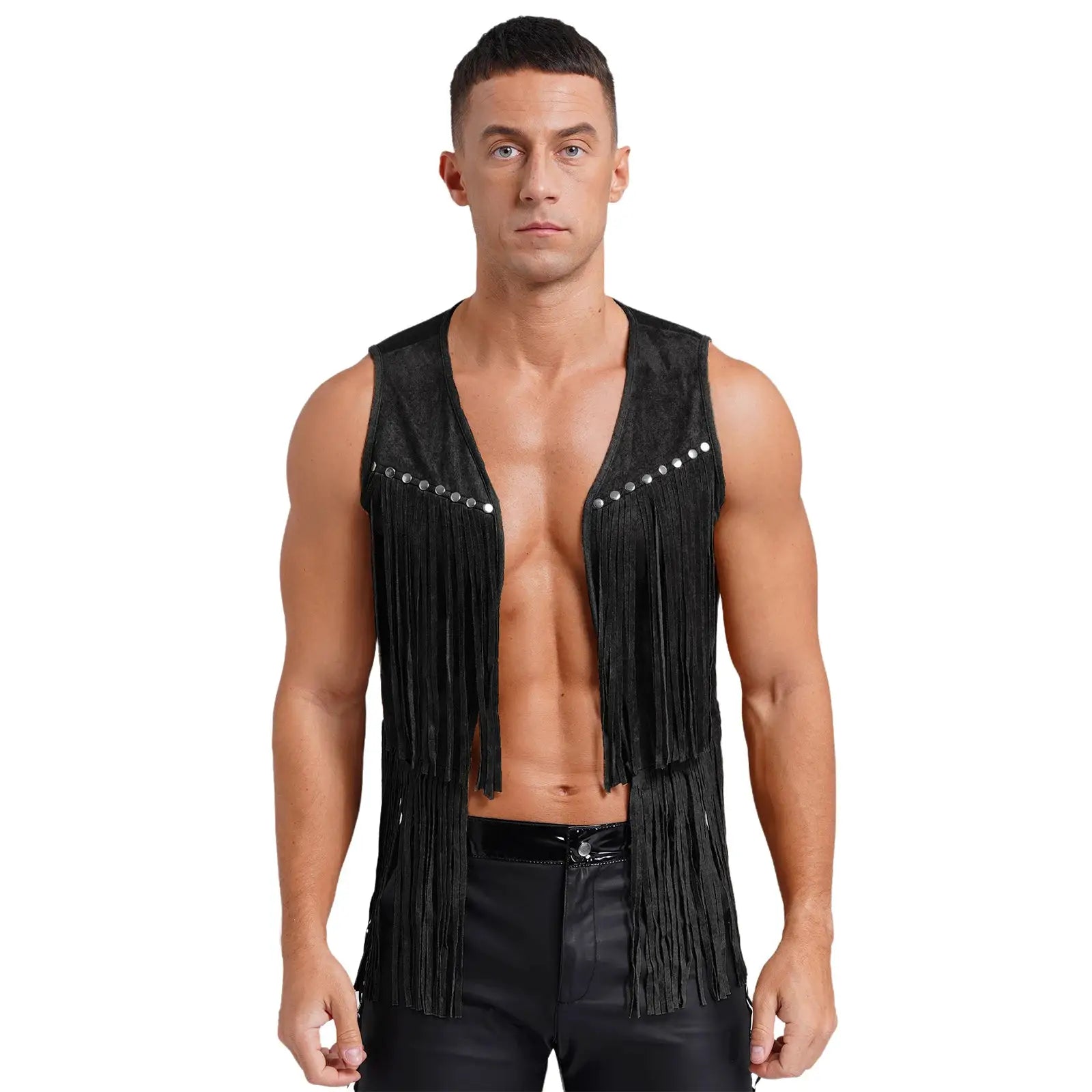 Mens faux suede tassel vest with fringe and rivet accents, open front, black Simples Market
