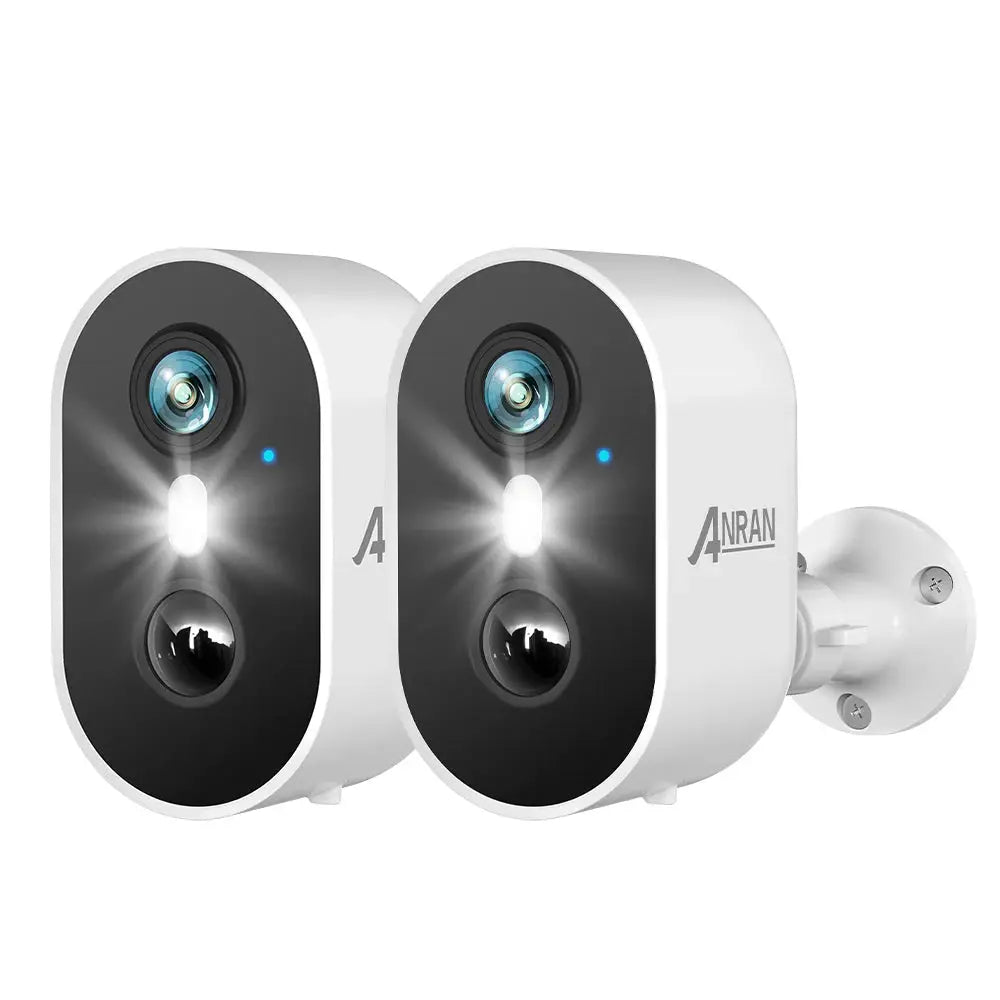 ANRAN 2K rechargeable wireless security cameras pair in white with black fronts, IP65, PIR, 2.4G WiFi.