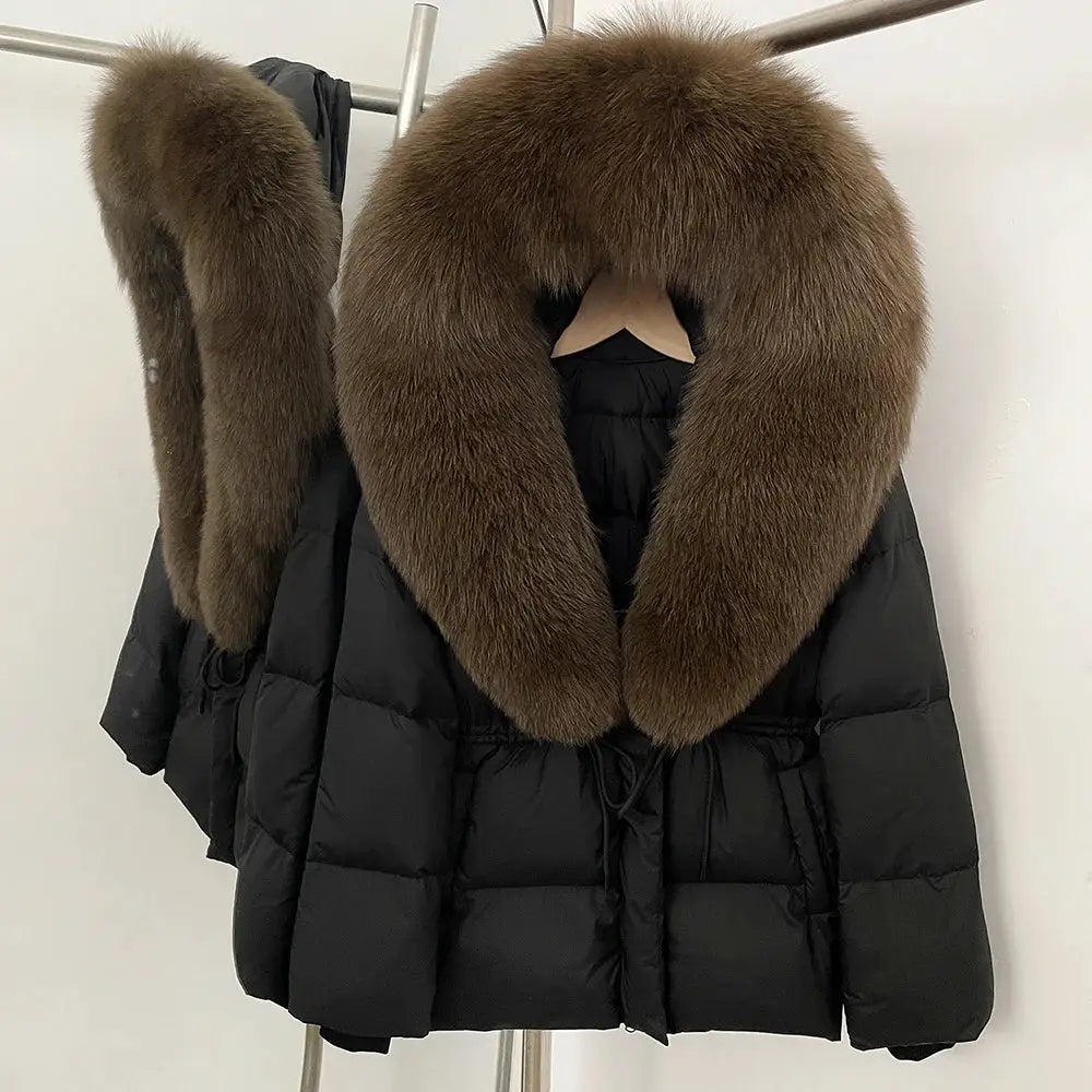 Womens Real Fox Fur Collar Duck Down Coat With Raccoon Fur Trim Hooded Puffer Jacket