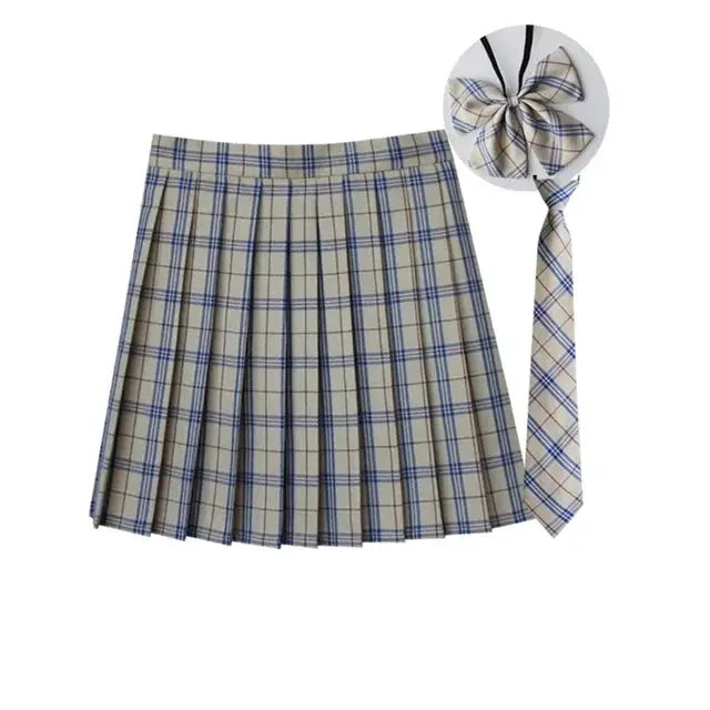 Women plaid pleated mini skirt with matching necktie bow, beige-blue plaid fabric